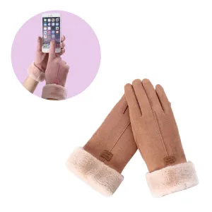 (1 pair) Capacitive touchscreen gloves Lined ladies gloves in suede look (One Size) - Brown