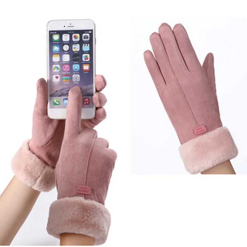 (1 pair) Capacitive touchscreen gloves Lined ladies gloves in suede look (One Size) - Brown