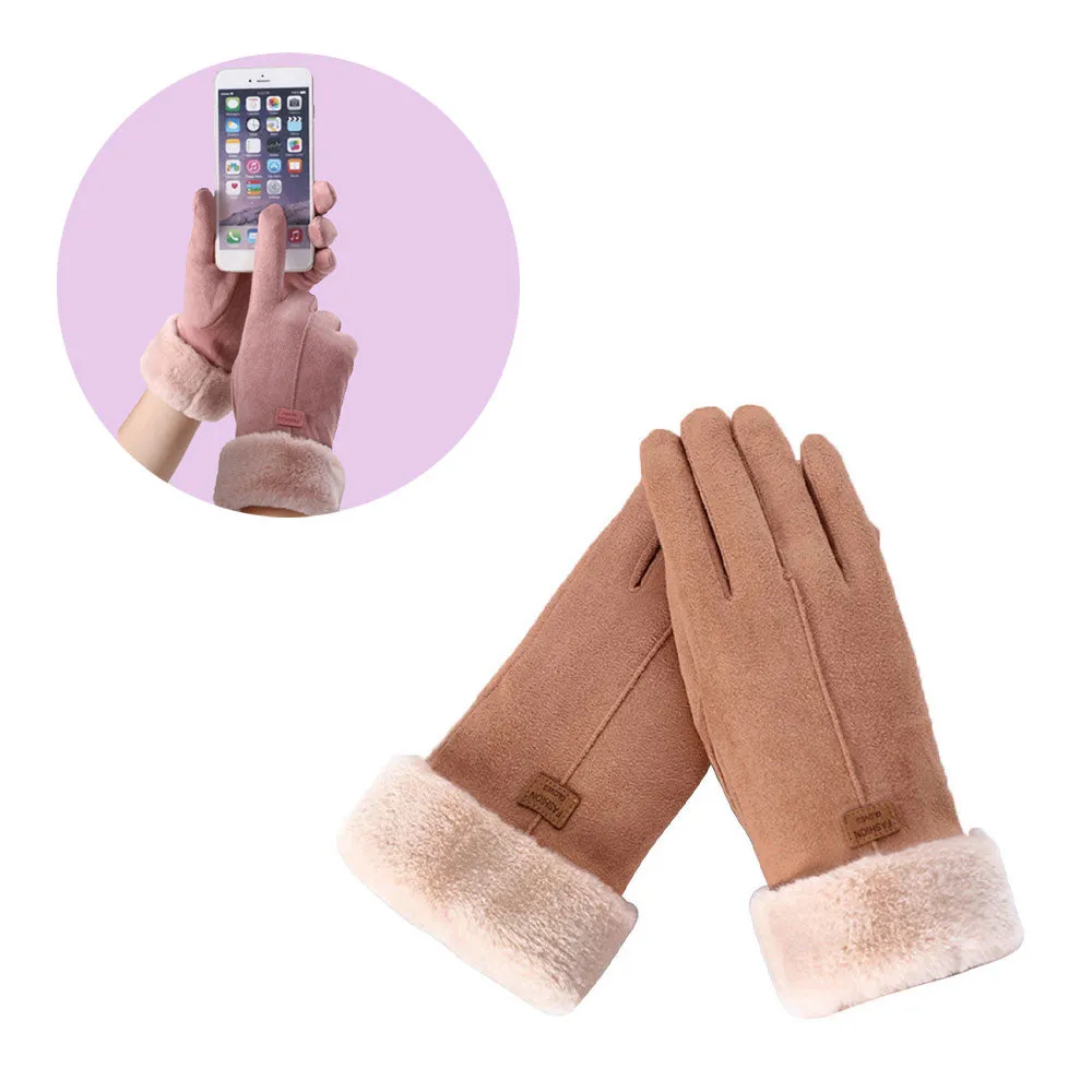 (1 pair) Capacitive touchscreen gloves Lined ladies gloves in suede look (One Size) - Brown