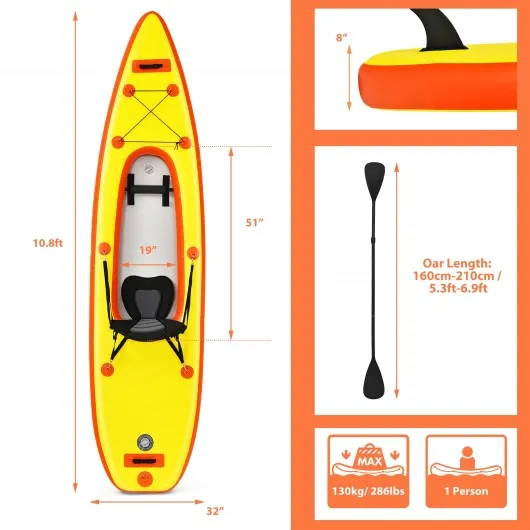 10.8'  Inflatable Kayak Set K1 1-Person Sit-On-Top Kayak with Oars-Yellow