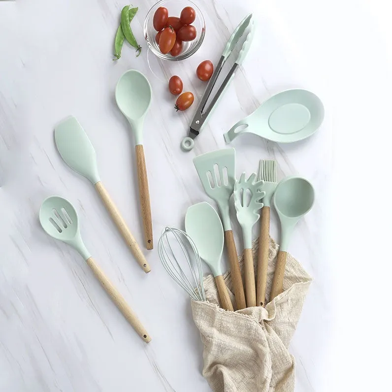 12 pcs Kitchen Utensil Set Wooden Handle Turner Cooking Various Kitchenware Set High Quality Silicone Cooking Tools Set Household Chef