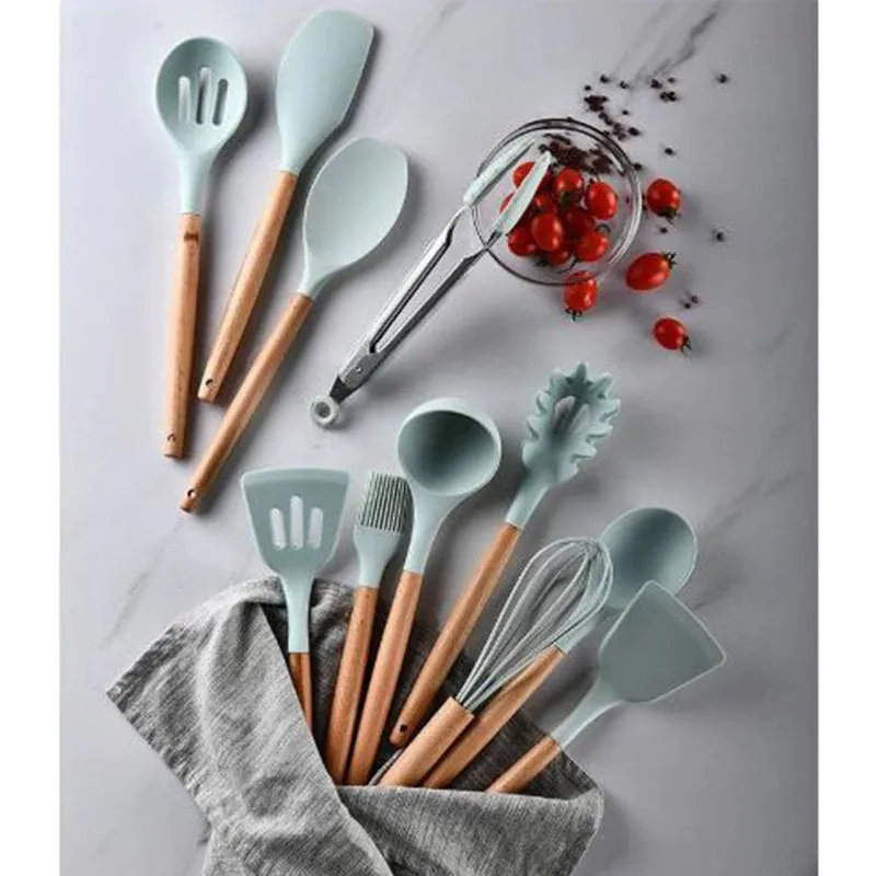 12 pcs Kitchen Utensil Set Wooden Handle Turner Cooking Various Kitchenware Set High Quality Silicone Cooking Tools Set Household Chef