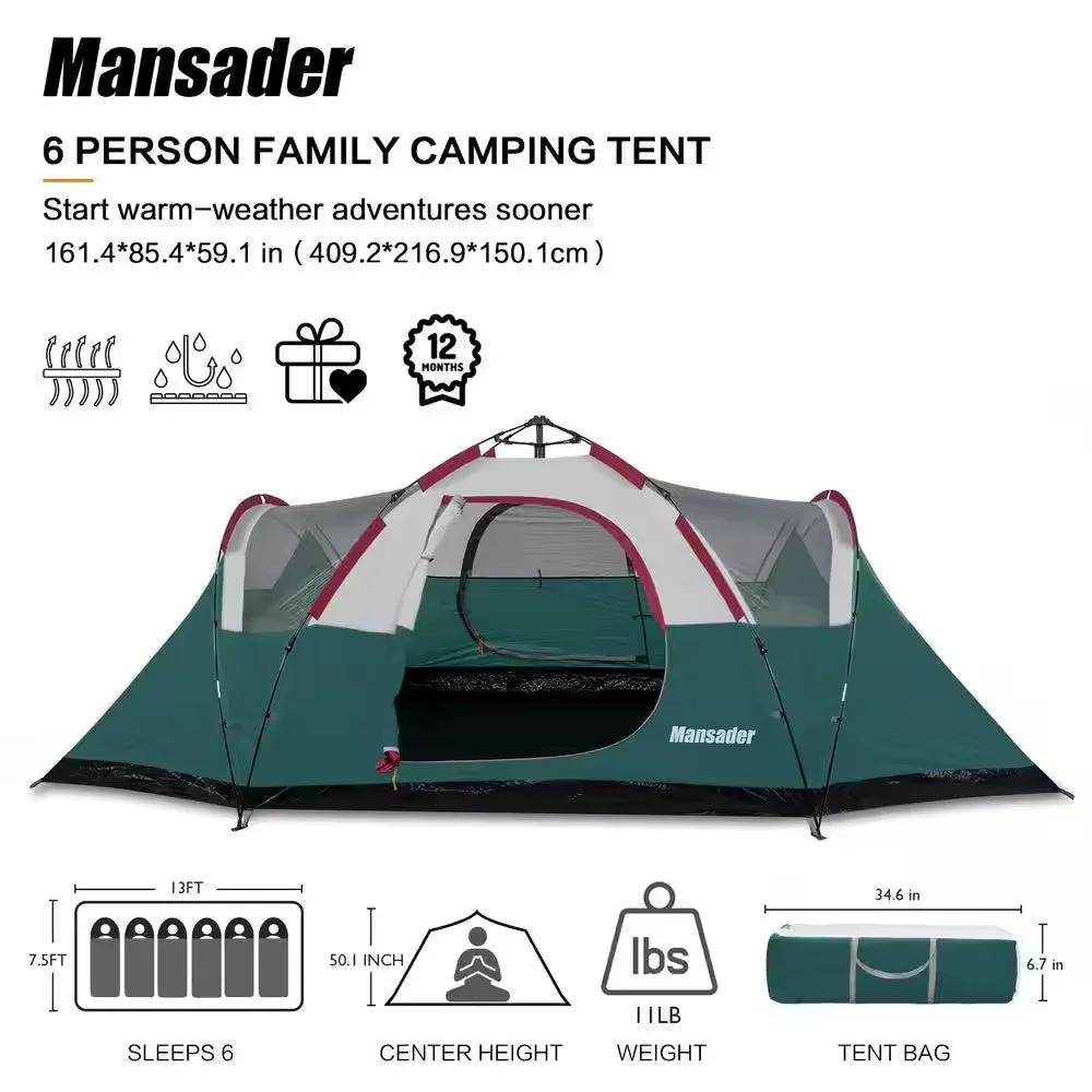13 Ft. X 7.5 Ft. 6-Person Family Camping Tent Popup Green