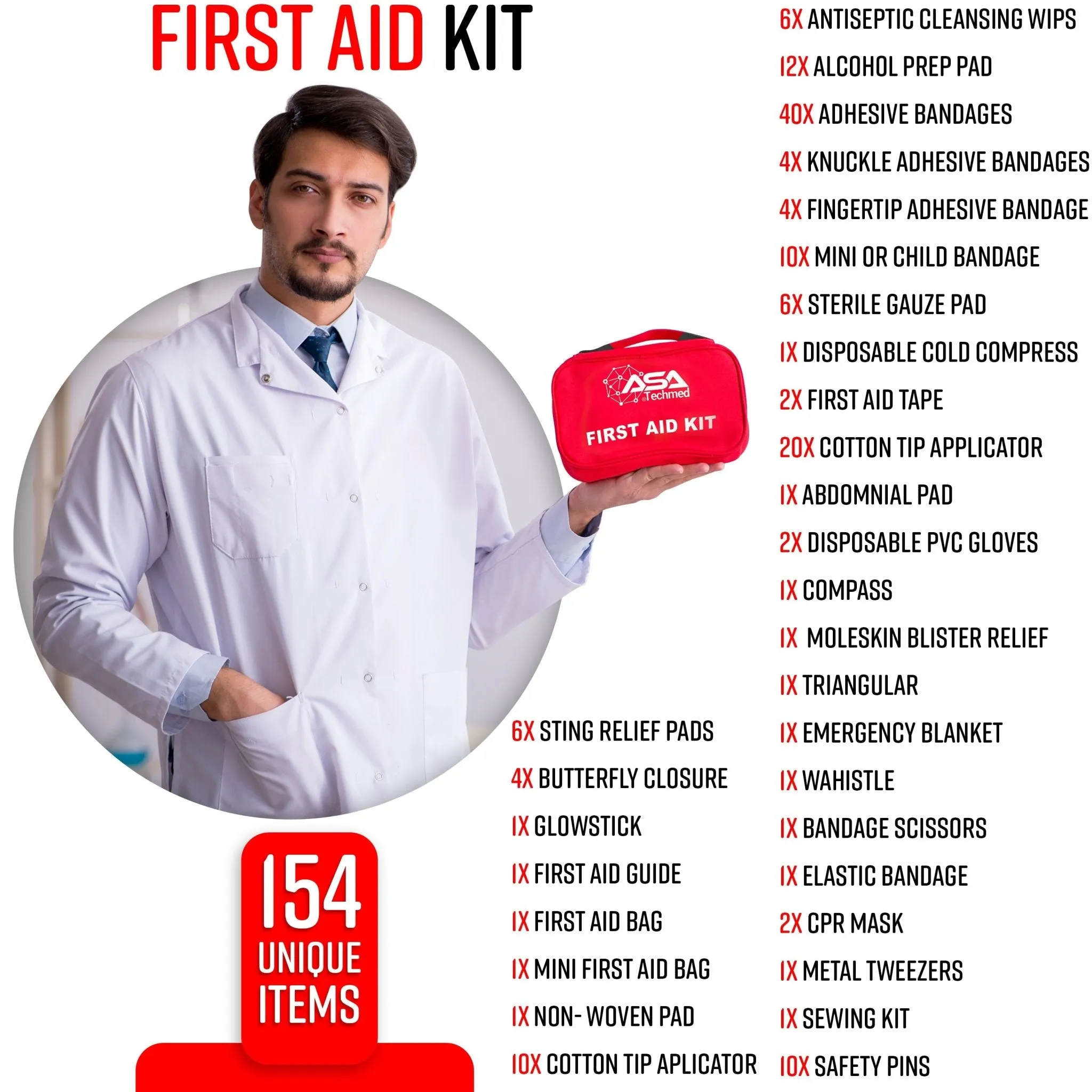 154 Piece All Purpose First Aid Kit Compact for Emergencies at Home, Workplace