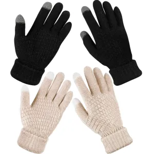 2 Pairs Women's Winter Touch Screen Gloves Warm Fleece Lined Knit Gloves Elastic Cuff Winter Texting Gloves Black, Beige