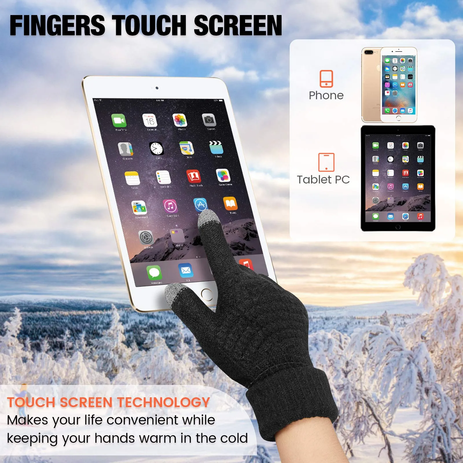 2 Pairs Women's Winter Touch Screen Gloves Warm Fleece Lined Knit Gloves Elastic Cuff Winter Texting Gloves Black, Beige