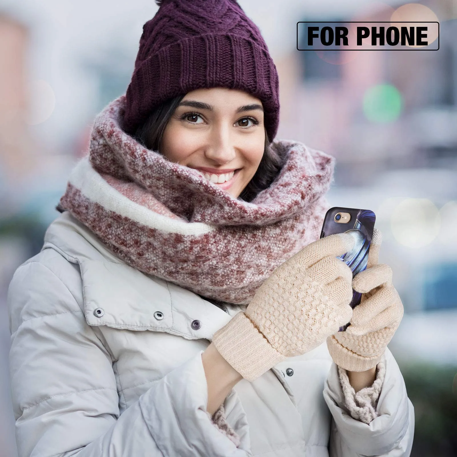 2 Pairs Women's Winter Touch Screen Gloves Warm Fleece Lined Knit Gloves Elastic Cuff Winter Texting Gloves Black, Beige