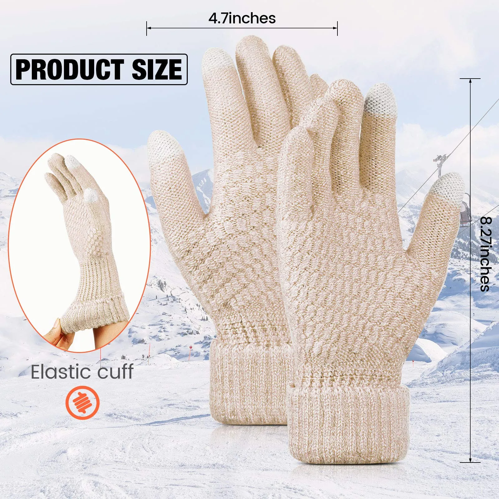 2 Pairs Women's Winter Touch Screen Gloves Warm Fleece Lined Knit Gloves Elastic Cuff Winter Texting Gloves Black, Beige