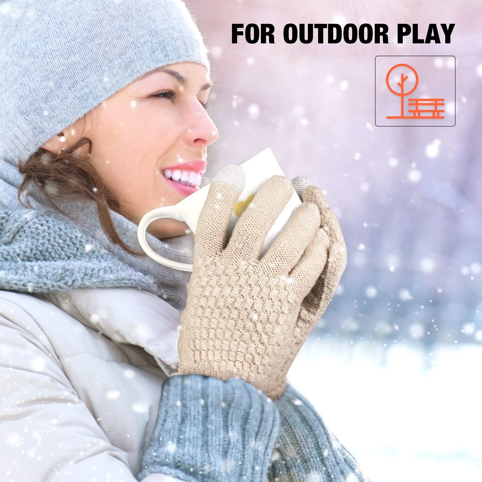2 Pairs Women's Winter Touch Screen Gloves Warm Fleece Lined Knit Gloves Elastic Cuff Winter Texting Gloves Black, Beige