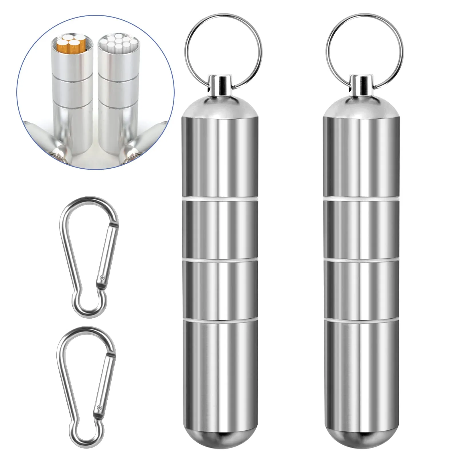 2 PCS Portable Cigarette Case, Mini Cigarette Holder Aluminium Alloy Round Cigarette Box Waterproof Cigarette Box with 2 PCS Carabiner for Traveling Outdoor (12x2.5cm)