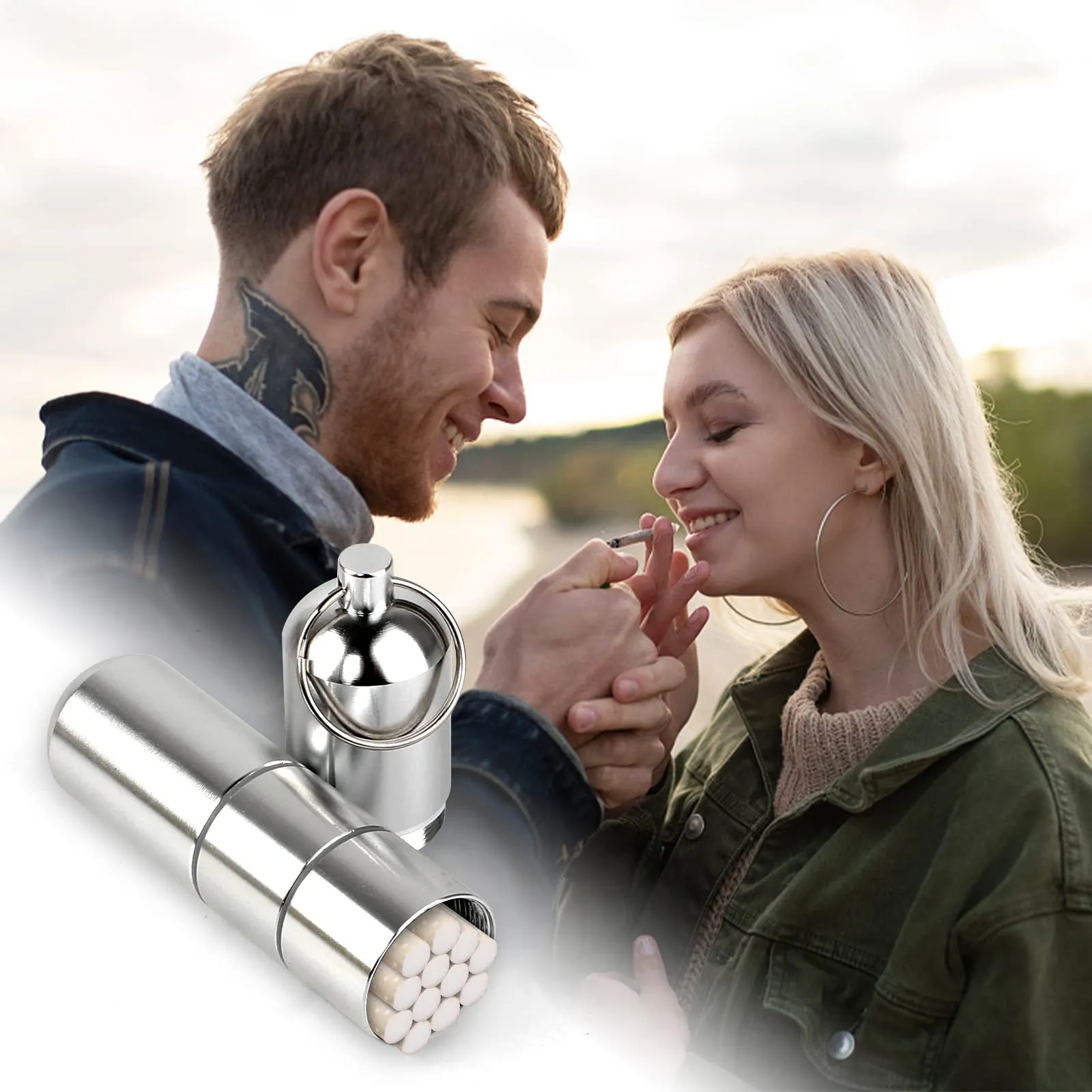 2 PCS Portable Cigarette Case, Mini Cigarette Holder Aluminium Alloy Round Cigarette Box Waterproof Cigarette Box with 2 PCS Carabiner for Traveling Outdoor (12x2.5cm)