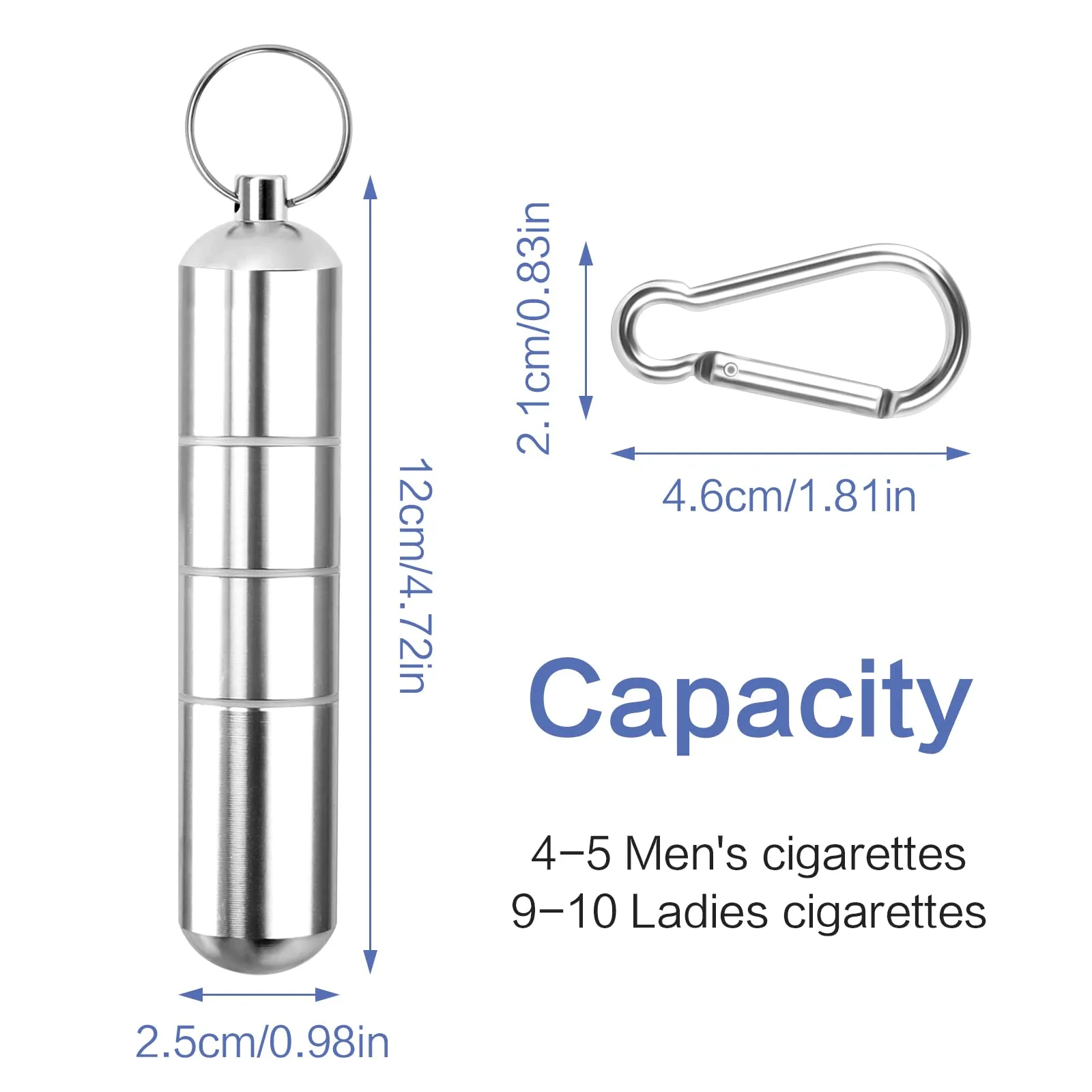 2 PCS Portable Cigarette Case, Mini Cigarette Holder Aluminium Alloy Round Cigarette Box Waterproof Cigarette Box with 2 PCS Carabiner for Traveling Outdoor (12x2.5cm)