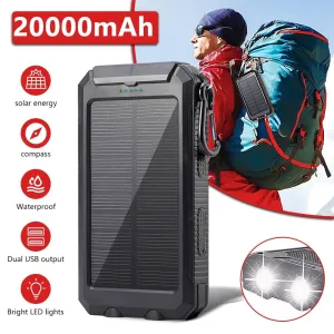 20000Mah, DFITO Portable Solar Power Bank & Dual 5V USB Ports, 2 LED’s & Compass
