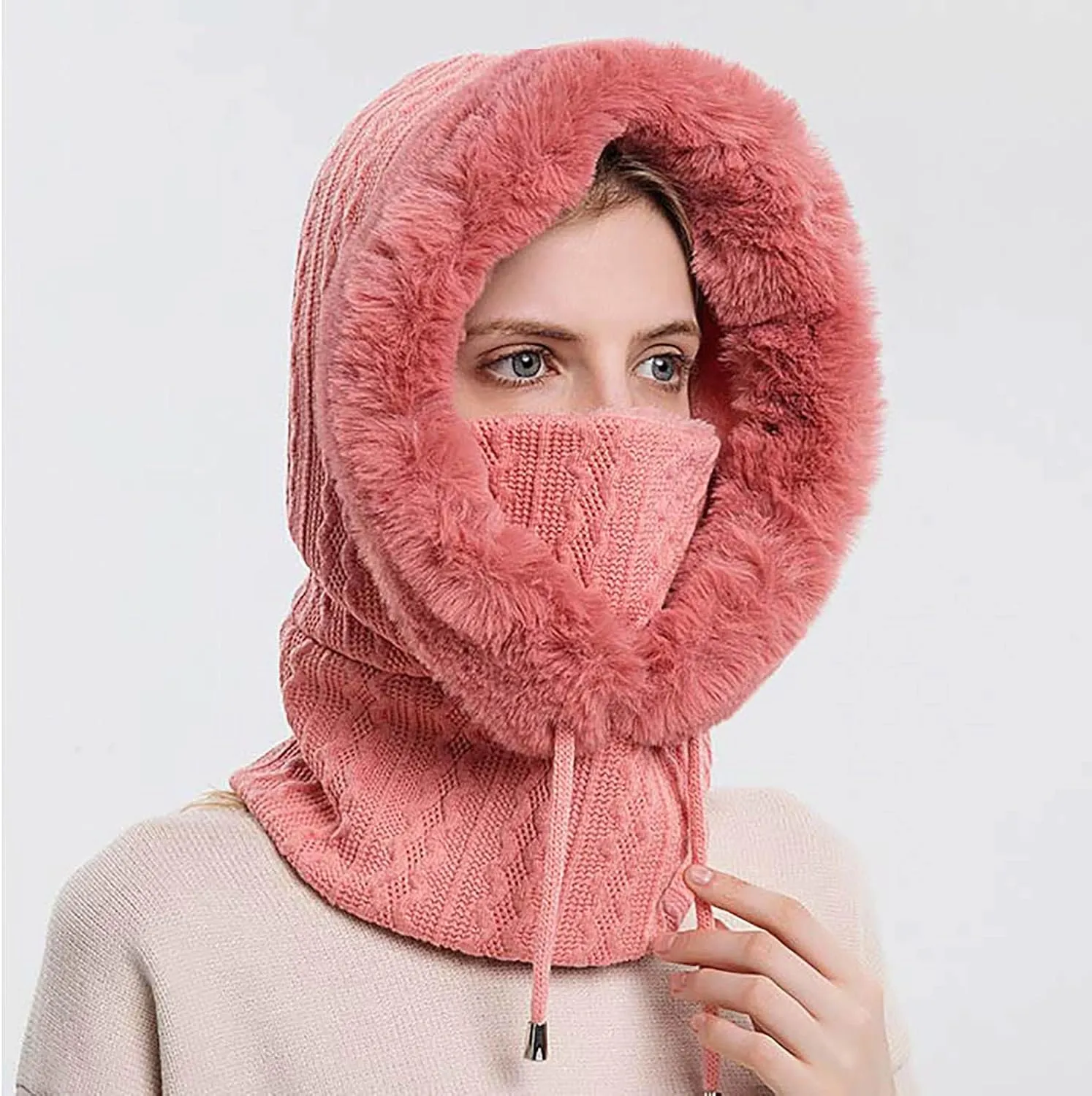 3 in 1 Cold Resistan Hat Women's Knitted Hat in Autumn Winter One-Piece Hat Furry & Breathable Knitted Hat