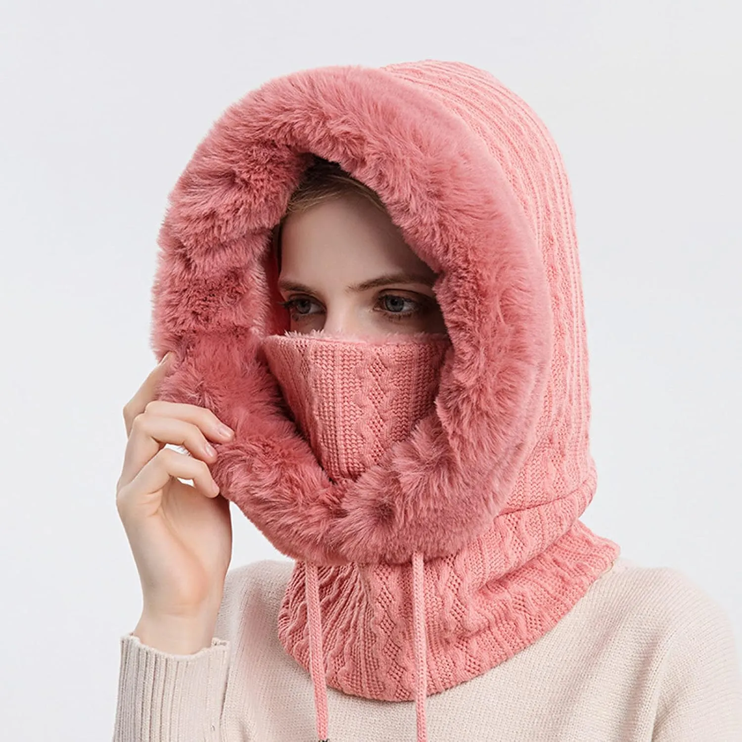 3 in 1 Cold Resistan Hat Women's Knitted Hat in Autumn Winter One-Piece Hat Furry & Breathable Knitted Hat