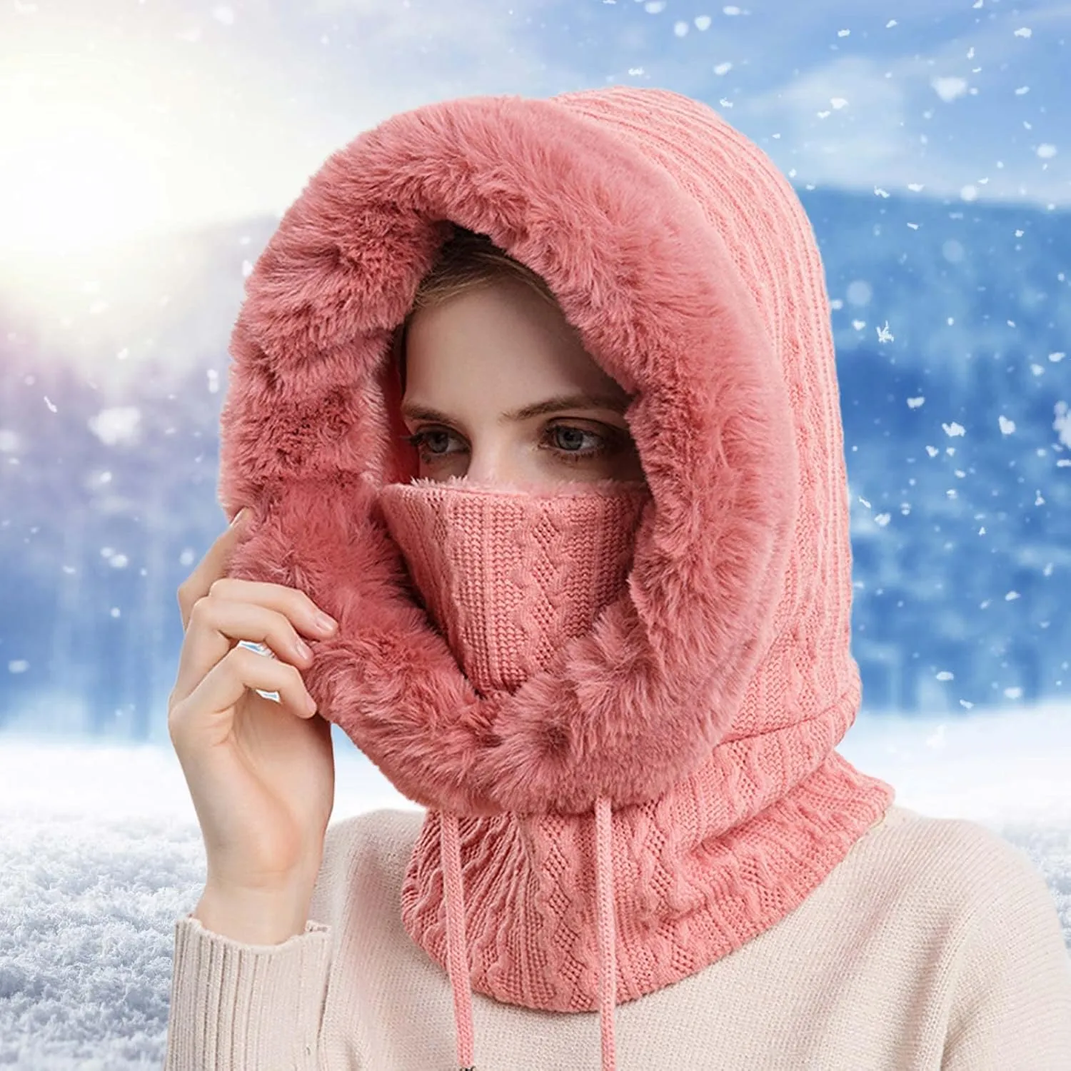 3 in 1 Cold Resistan Hat Women's Knitted Hat in Autumn Winter One-Piece Hat Furry & Breathable Knitted Hat