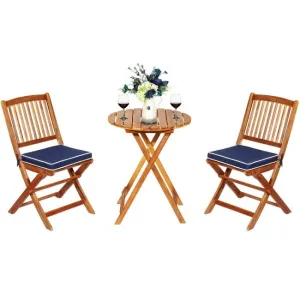 3 Pieces Patio Folding Wooden Bistro Set Cushioned Chair