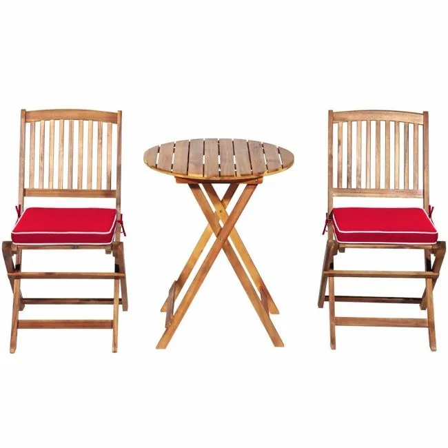 3 Pieces Patio Folding Wooden Bistro Set Cushioned Chair