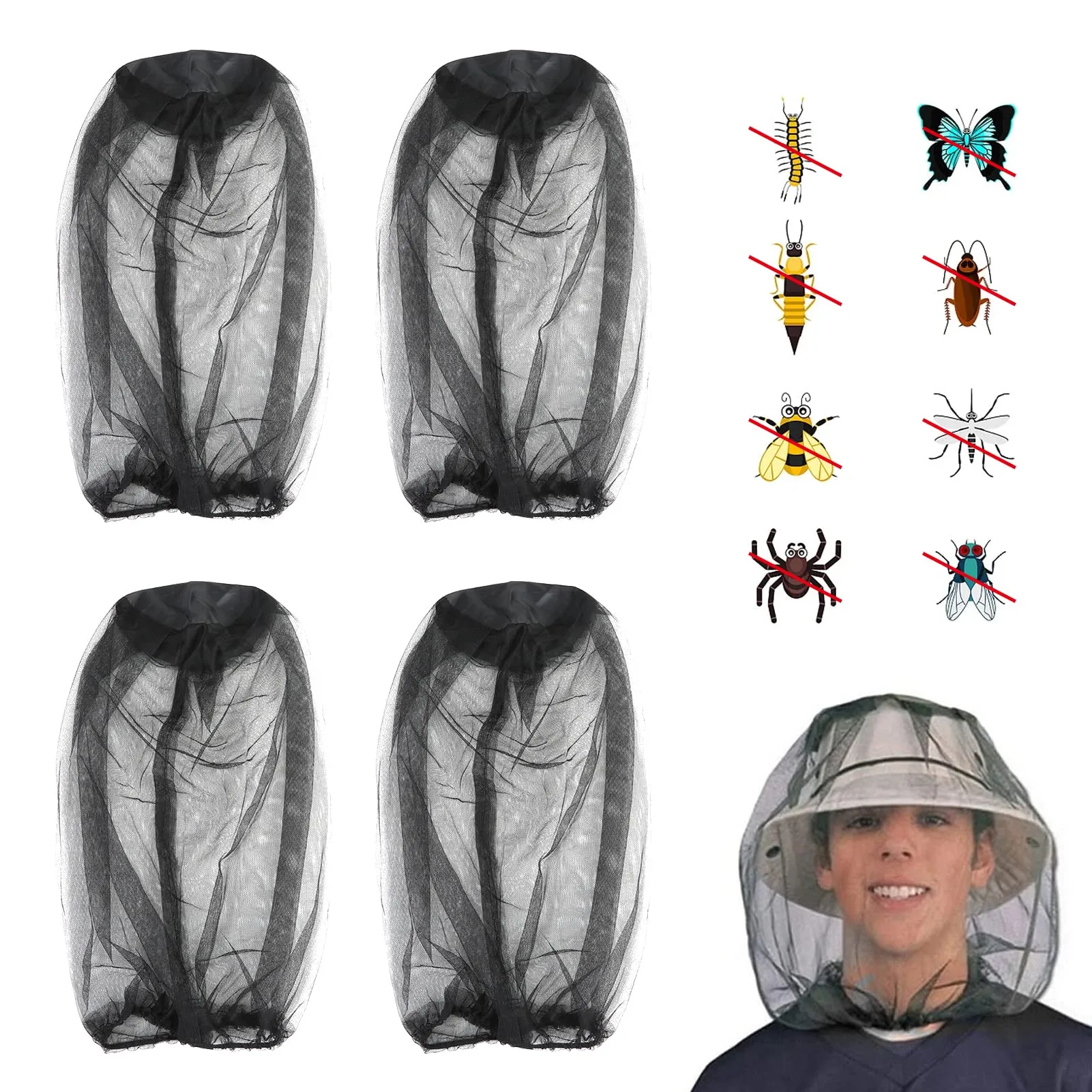 4 pack Black Head Net Mesh, Mosquito Head Net Bigger Size for Mosquito Bugs Face Head Neck Relief from Mosquito Bite for Outdoor Hiking Camping Fishing Walking