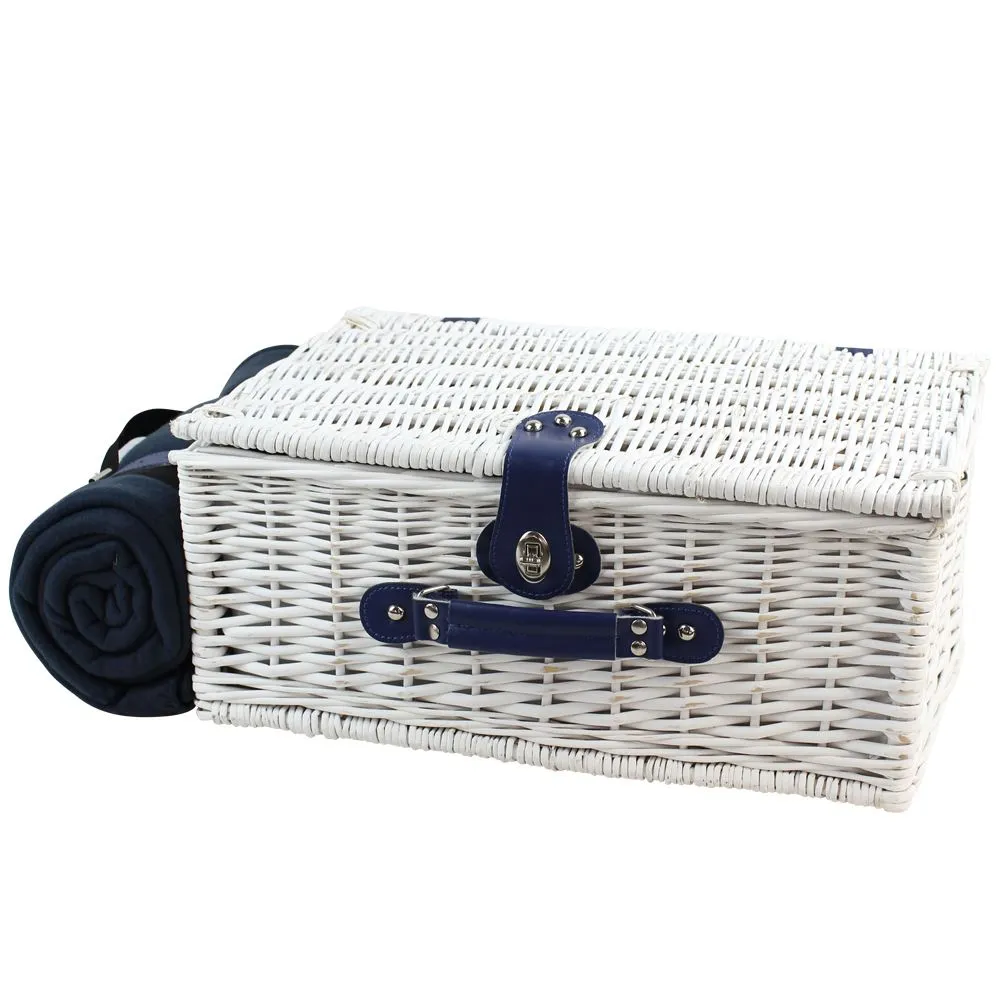 4 Person White Picnic Willow Hamper with Cooler Blue Stripe