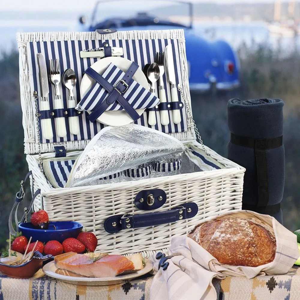 4 Person White Picnic Willow Hamper with Cooler Blue Stripe