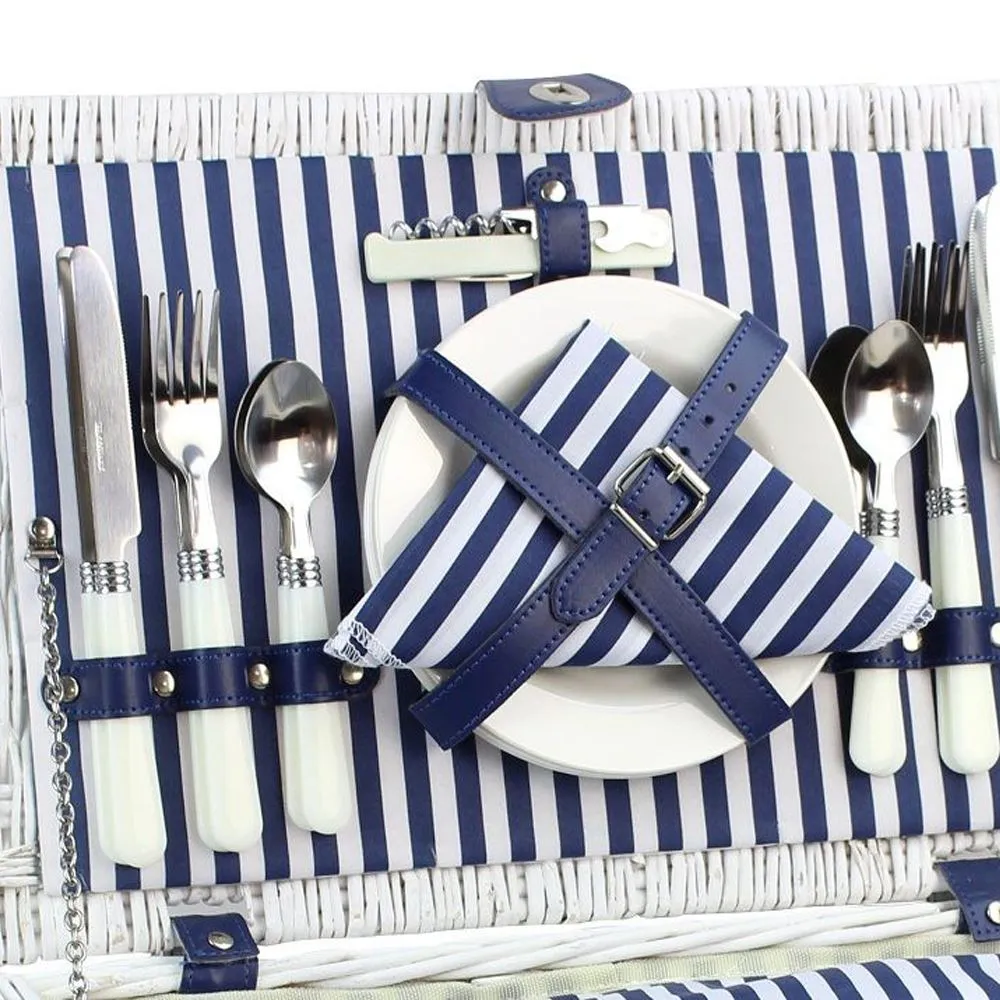 4 Person White Picnic Willow Hamper with Cooler Blue Stripe