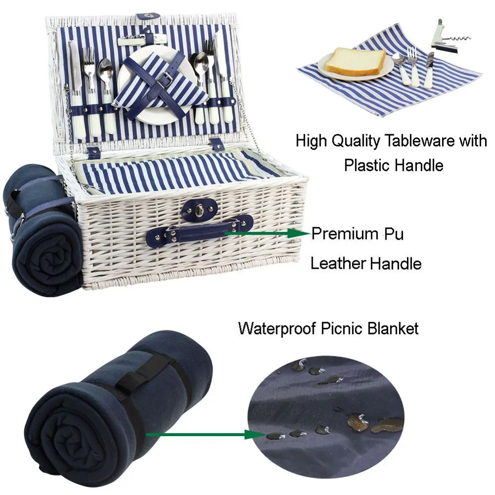 4 Person White Picnic Willow Hamper with Cooler Blue Stripe