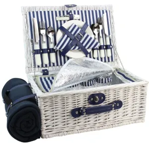 4 Person White Picnic Willow Hamper with Cooler Blue Stripe