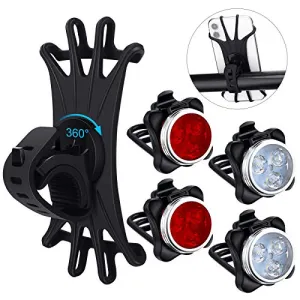 4 Pieces USB Rechargeable Bicycle Light Front Back Bike Lights Set with 1 Piece 360 Degree Rotation Silicone Bicycle Phone Mount Bike Accessories Bike Phone Holder