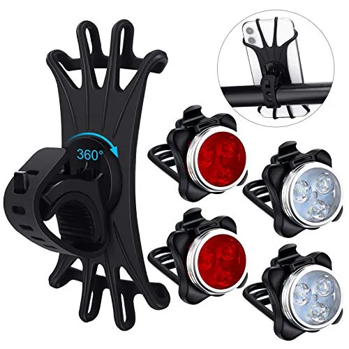 4 Pieces USB Rechargeable Bicycle Light Front Back Bike Lights Set with 1 Piece 360 Degree Rotation Silicone Bicycle Phone Mount Bike Accessories Bike Phone Holder
