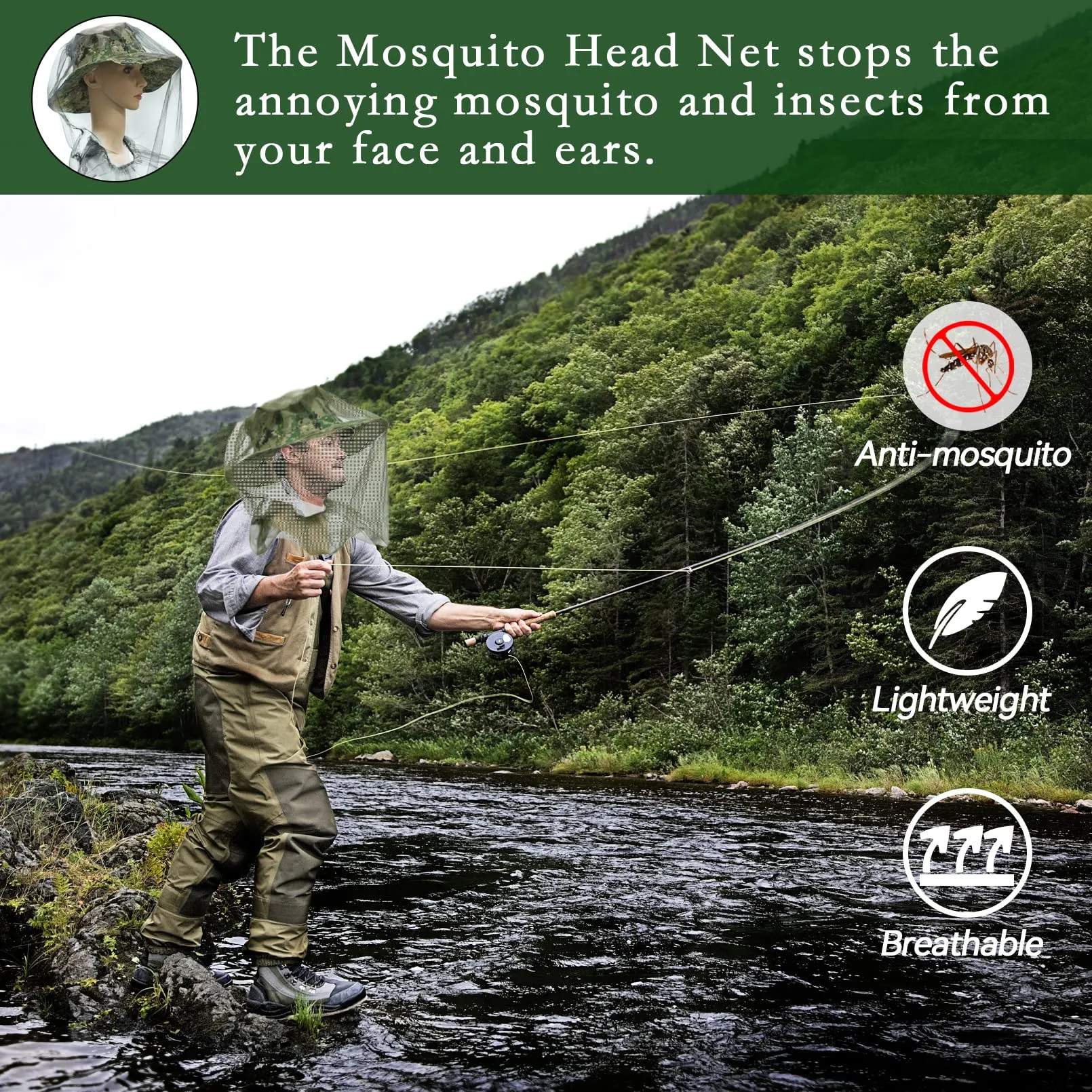 4Pcs Mosquito Head Net Anti Insect Midge Net Head Cover, Head Net Mesh for Outdoor Hiking Camping Fishing, Green