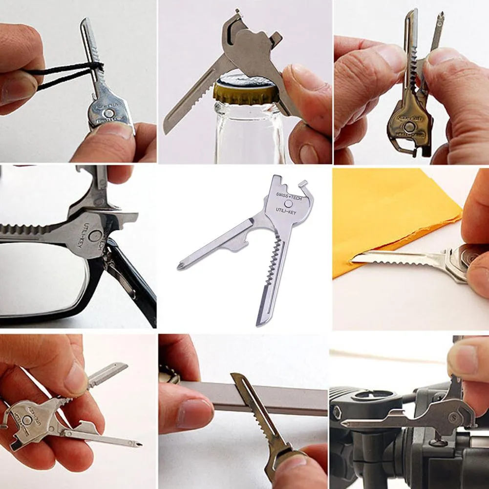 6 in 1 Stainless Steel Utili-Key Key Ring Chain Pocket Cutter Screwdriver Multi Tools Camping Survival Kit