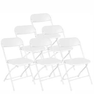 6 Pack White Plastic Foldable Chairs Party Chairs with Steel Frame, Support Up to 650 lbs