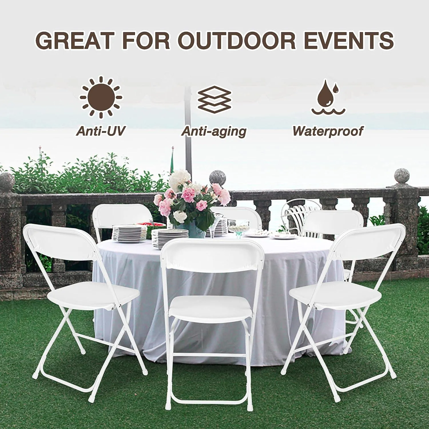 6 Pack White Plastic Foldable Chairs Party Chairs with Steel Frame, Support Up to 650 lbs
