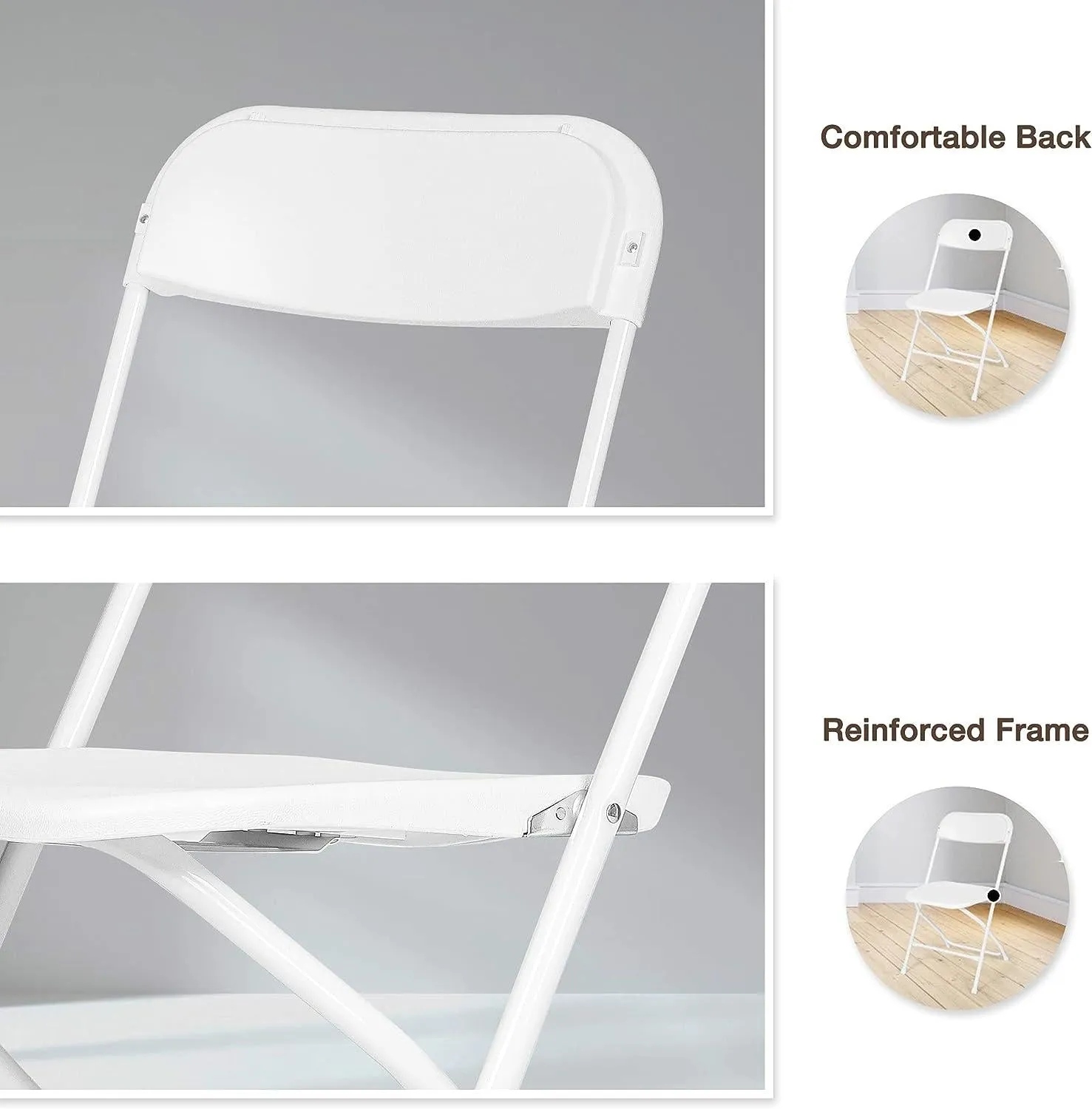 6 Pack White Plastic Foldable Chairs Party Chairs with Steel Frame, Support Up to 650 lbs