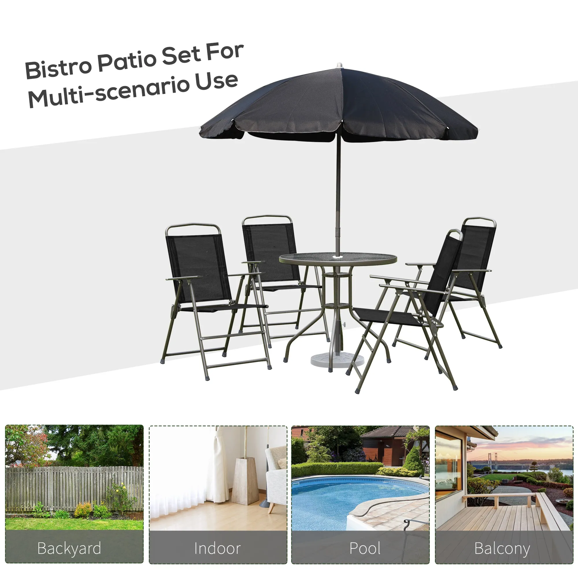 6 PCs Garden Patio Furniture Set Bistro Set Texteline Folding Chairs  Table  Parasol (Black)