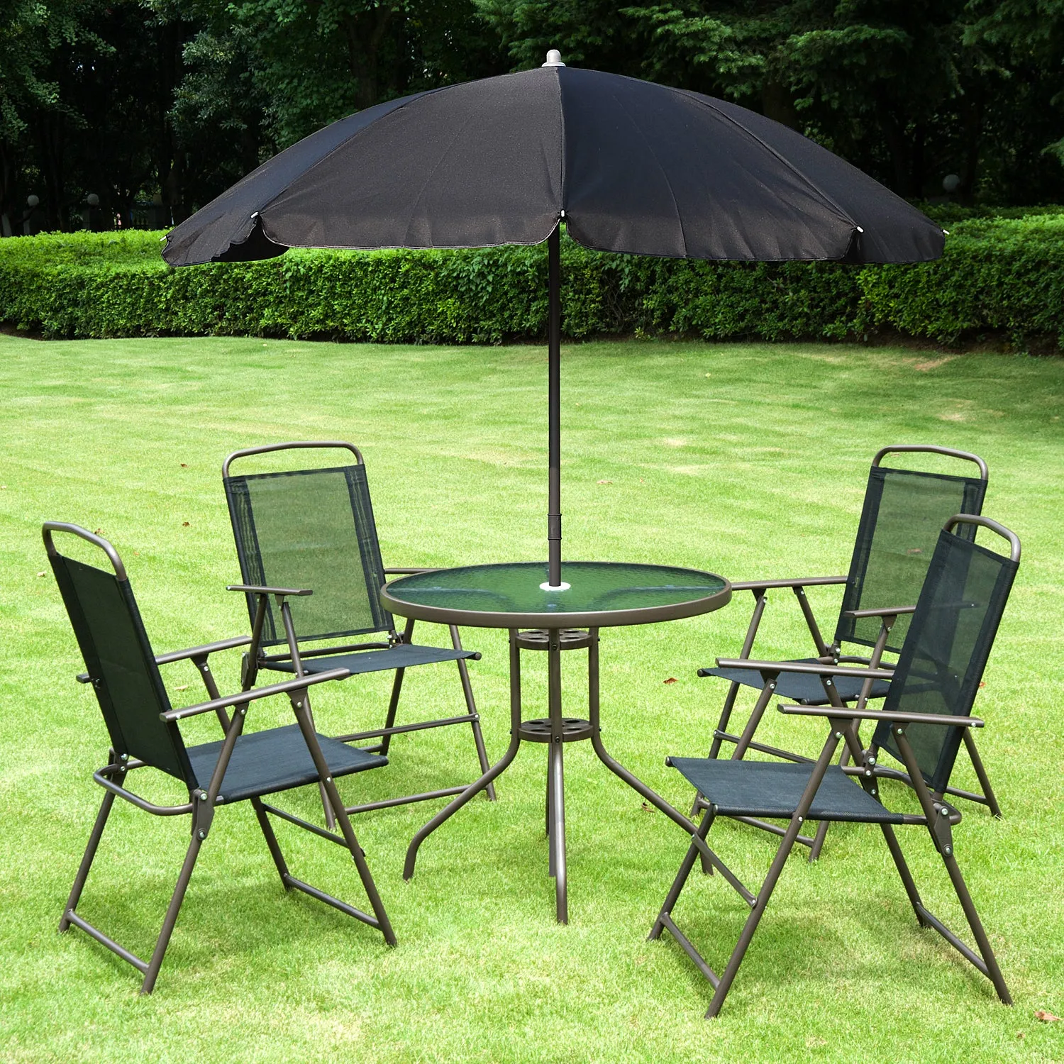 6 PCs Garden Patio Furniture Set Bistro Set Texteline Folding Chairs  Table  Parasol (Black)