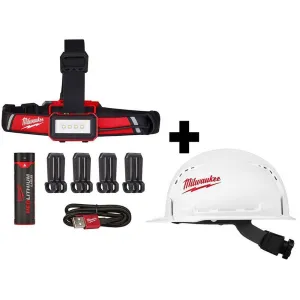 600 Lumens LED USB Rechargeable Low-Profile Hard Hat Headlamp w/BOLT White Type 1 Class C Front Brim Vented Hard Hat