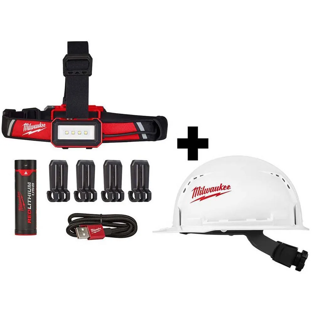 600 Lumens LED USB Rechargeable Low-Profile Hard Hat Headlamp w/BOLT White Type 1 Class C Front Brim Vented Hard Hat
