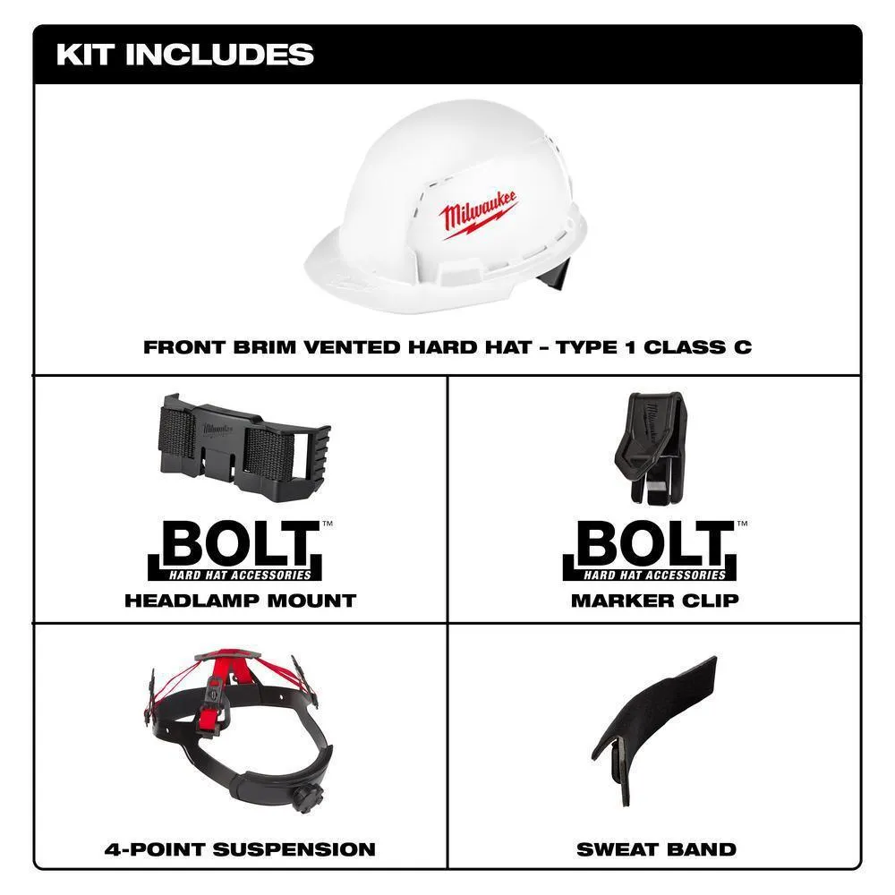 600 Lumens LED USB Rechargeable Low-Profile Hard Hat Headlamp w/BOLT White Type 1 Class C Front Brim Vented Hard Hat