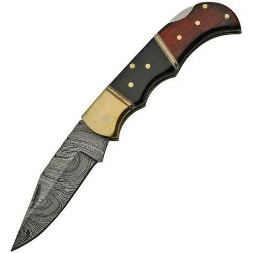 6.75" Damascus Steel Wood & Buffalo Horn Pocket Knife (DM-1214)