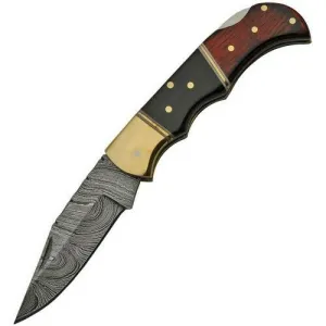 6.75" Damascus Steel Wood & Buffalo Horn Pocket Knife (DM-1214)