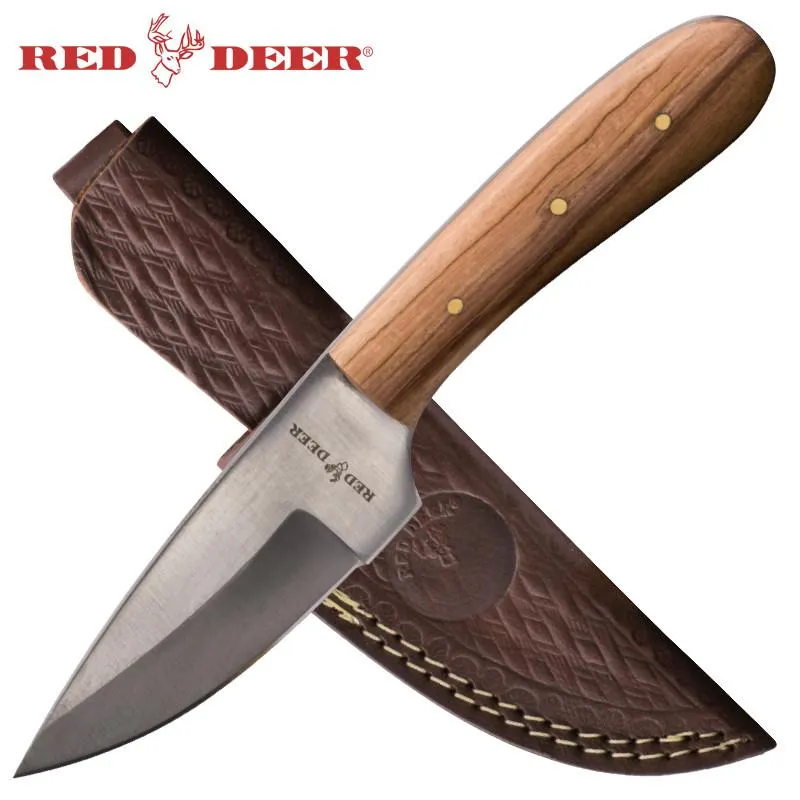 7.5" Red Deer Full Tang Light Pakka Wood Hunting Knife with Leather Sheath