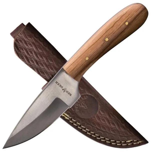 7.5" Red Deer Full Tang Light Pakka Wood Hunting Knife with Leather Sheath