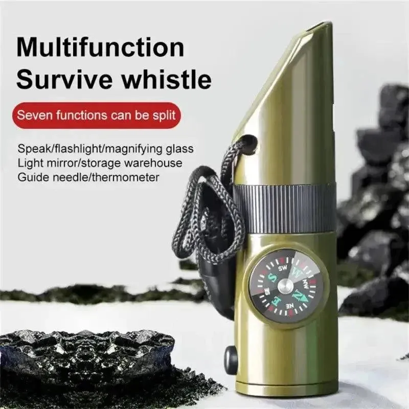 7In1 Emergency Survival Whistle Compass Multifunction Tool Magnifier Flashlight Storage Container Thermometer For Camping Hiking
