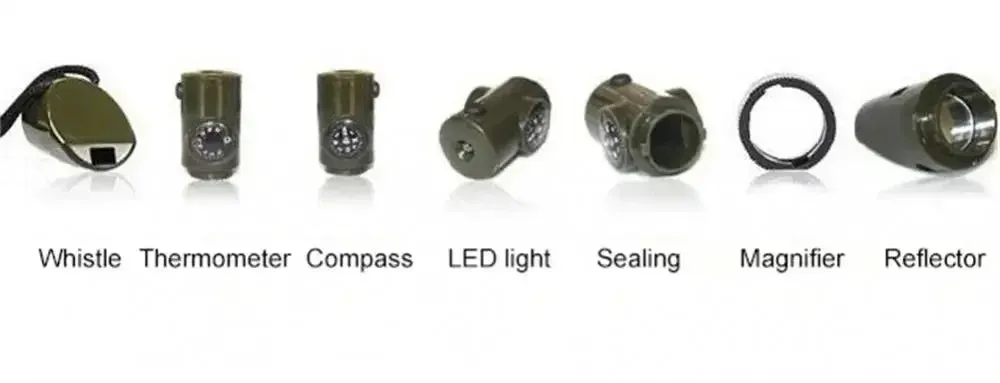 7In1 Emergency Survival Whistle Compass Multifunction Tool Magnifier Flashlight Storage Container Thermometer For Camping Hiking