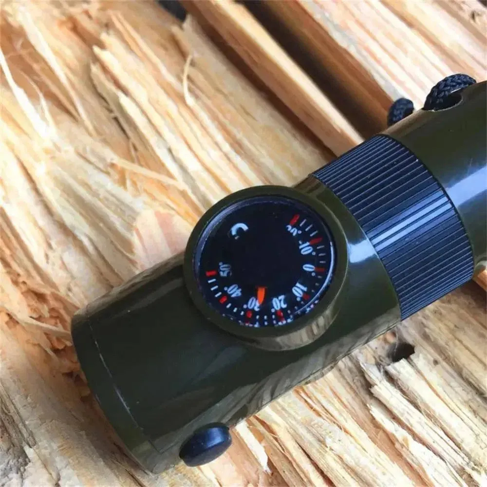 7In1 Emergency Survival Whistle Compass Multifunction Tool Magnifier Flashlight Storage Container Thermometer For Camping Hiking