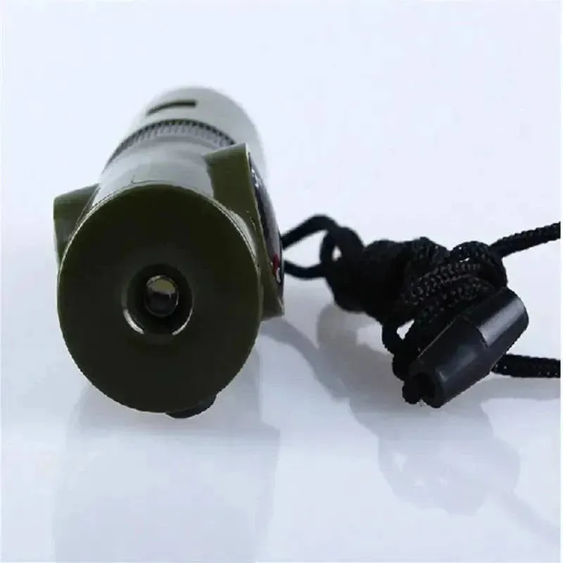7In1 Emergency Survival Whistle Compass Multifunction Tool Magnifier Flashlight Storage Container Thermometer For Camping Hiking