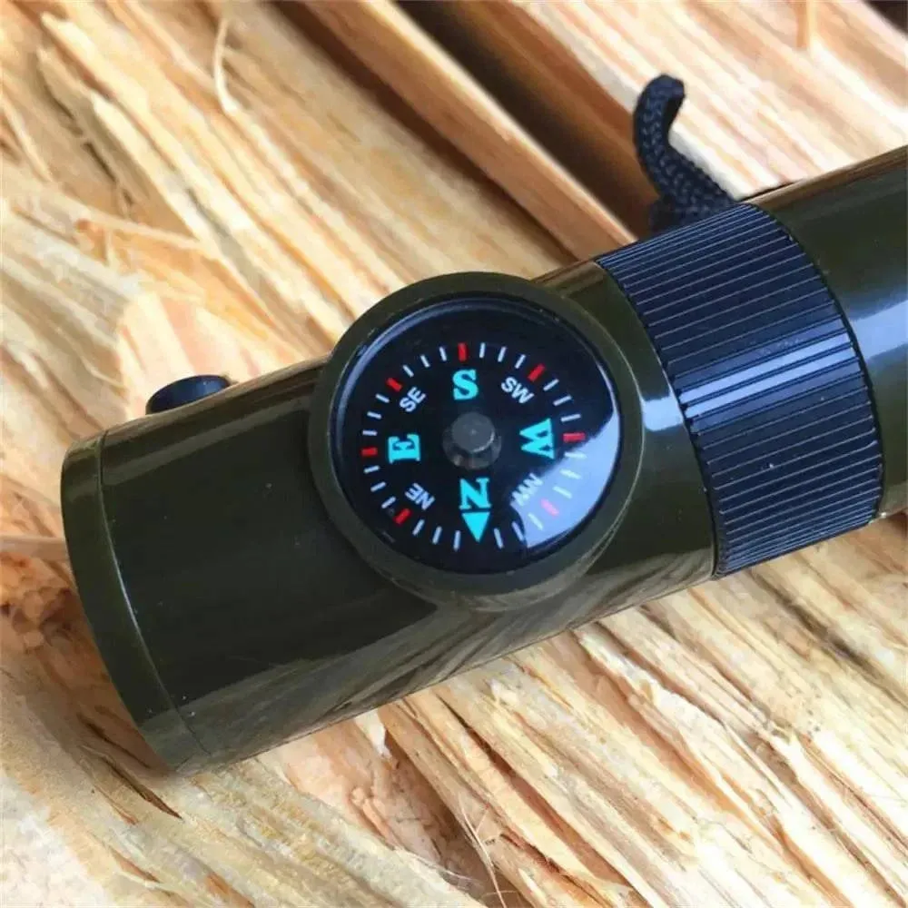 7In1 Emergency Survival Whistle Compass Multifunction Tool Magnifier Flashlight Storage Container Thermometer For Camping Hiking