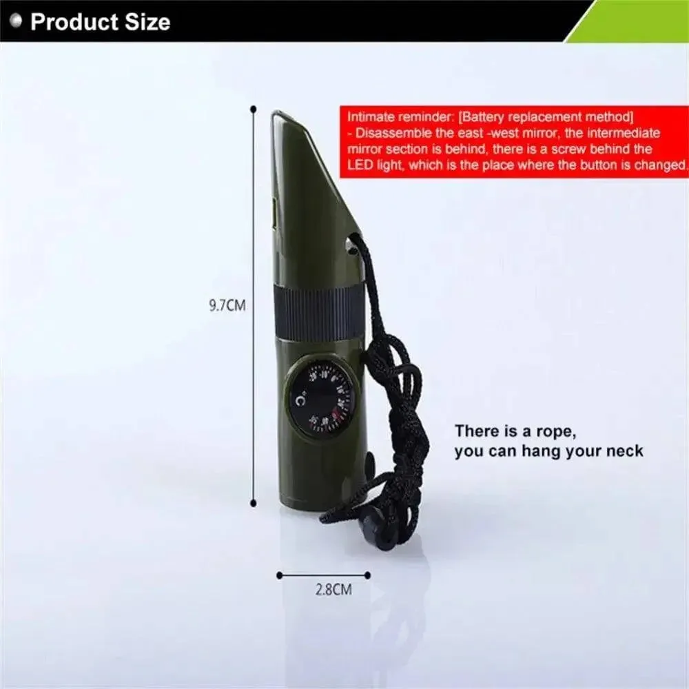 7In1 Emergency Survival Whistle Compass Multifunction Tool Magnifier Flashlight Storage Container Thermometer For Camping Hiking